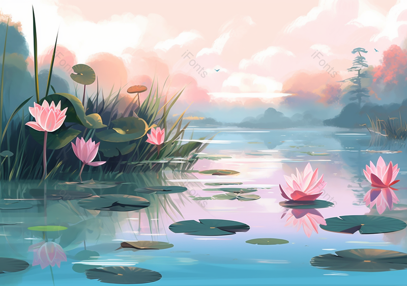 夏天山水荷花图国风意境插画背景,插画/手绘图,插画/手绘图库,插画/手绘图下载,插画/手绘